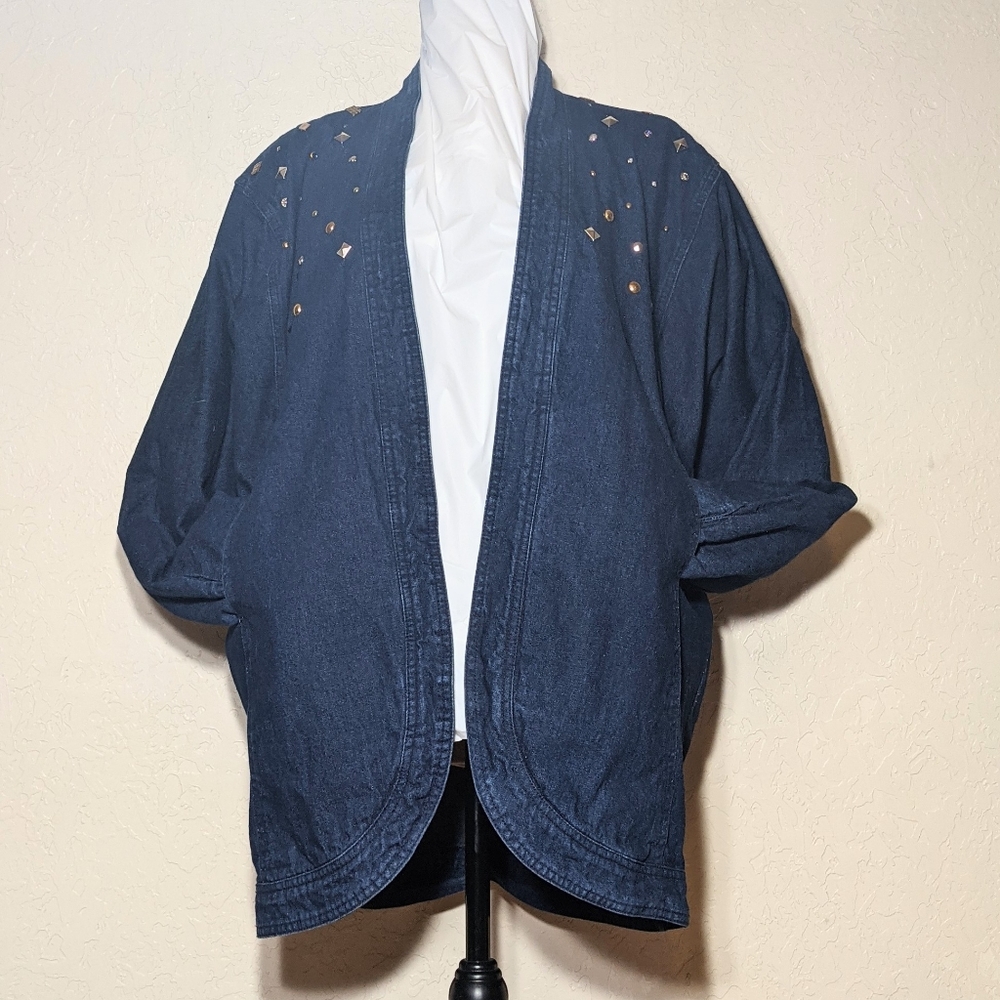 Vintage USA Sundance Blue Denim Longline Jacket Oversize L Pleated Studs Pockets